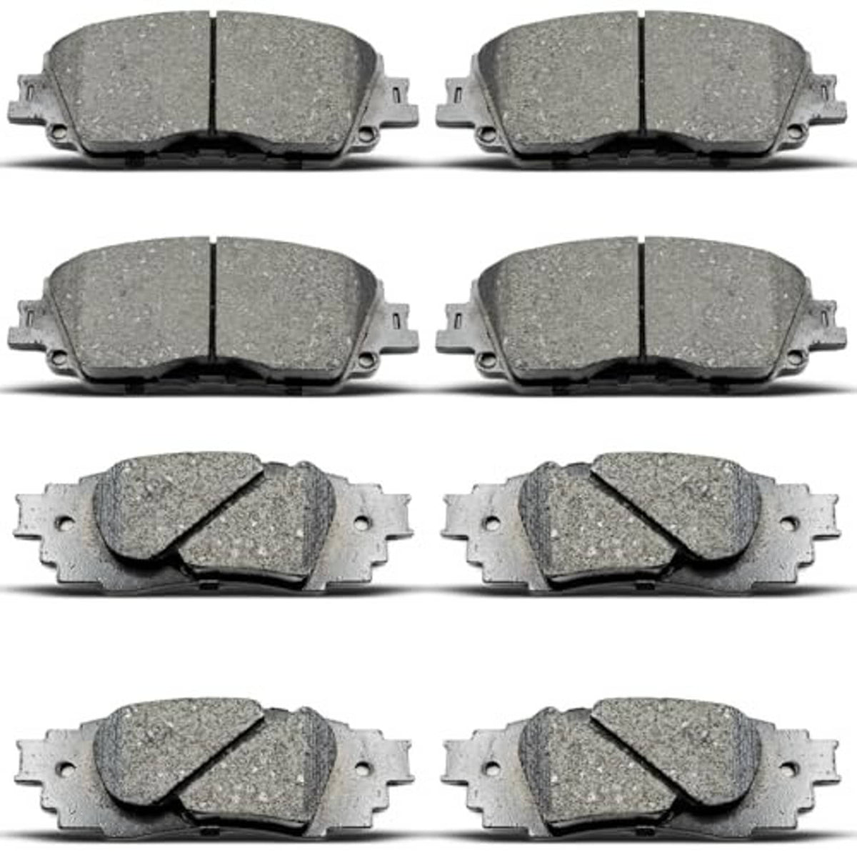 Ceramic disc brake pad set showing four gray pads with metal clips and backing plates