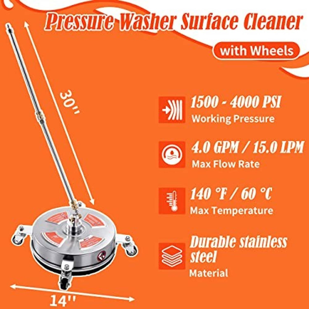 14-inch pressure washer surface cleaner attachment with wheels and vertical spray nozzle