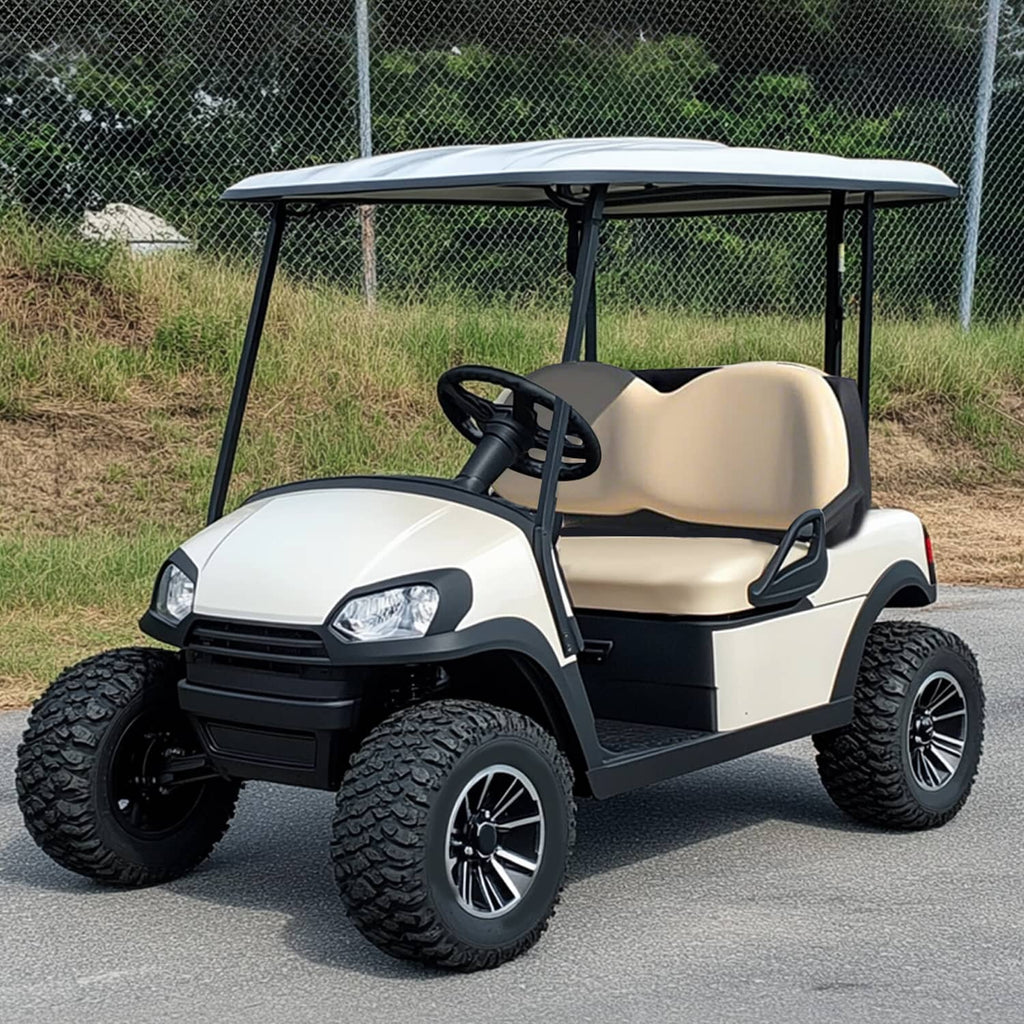 Beige front golf cart seat bottom cushion on cart bench with black frame and border