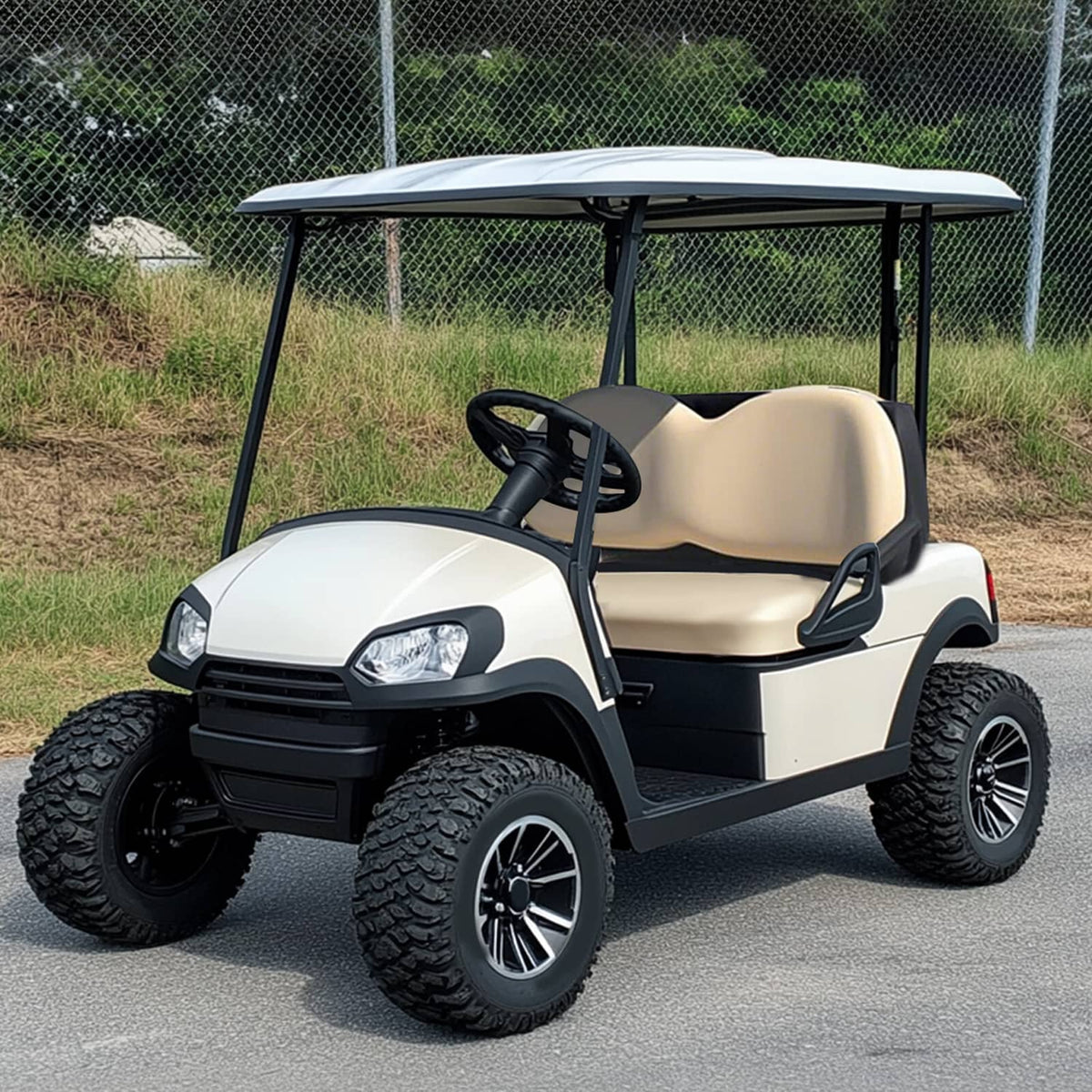 Beige front golf cart seat bottom cushion on cart bench with black frame and border