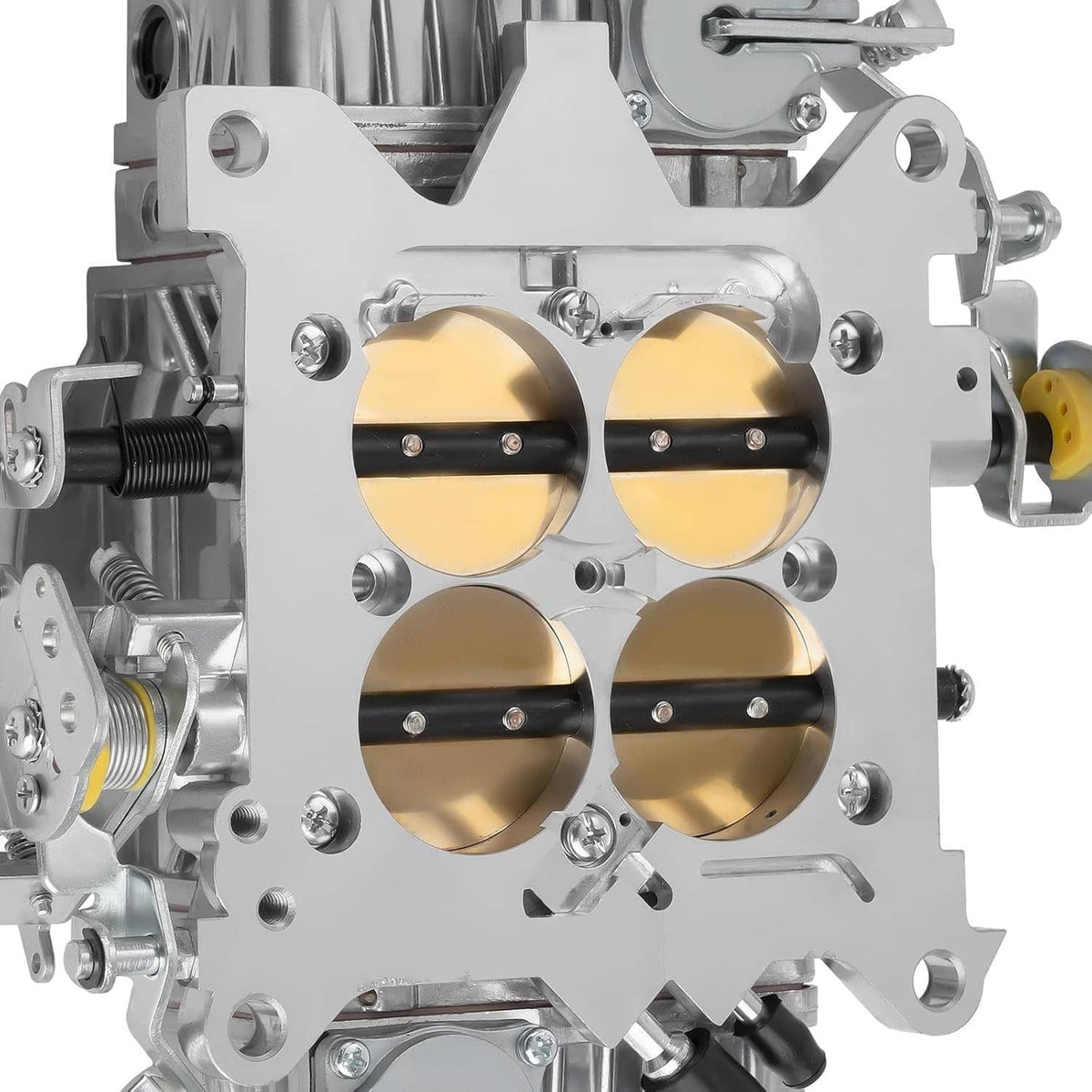 4-barrel carburetor throttle body with four gold butterfly bores and linkage parts