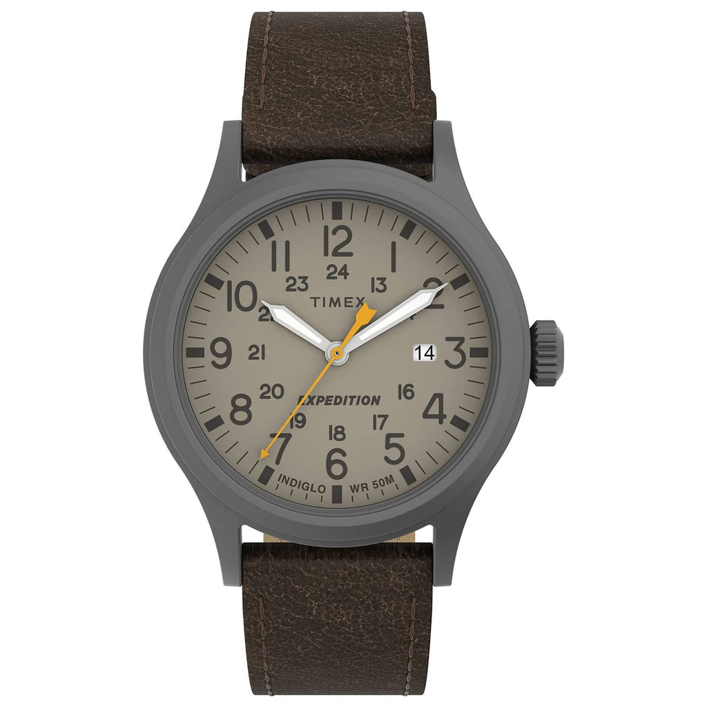 Gunmetal 40mm round watch with light dial, Arabic numerals, brown leather strap