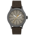 Gunmetal 40mm round watch with light dial, Arabic numerals, brown leather strap