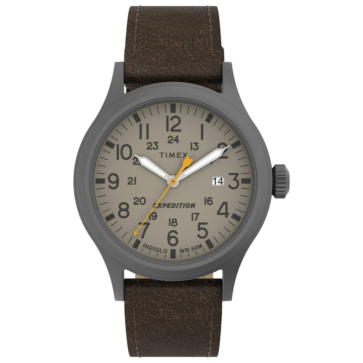Gunmetal 40mm round watch with light dial, Arabic numerals, brown leather strap