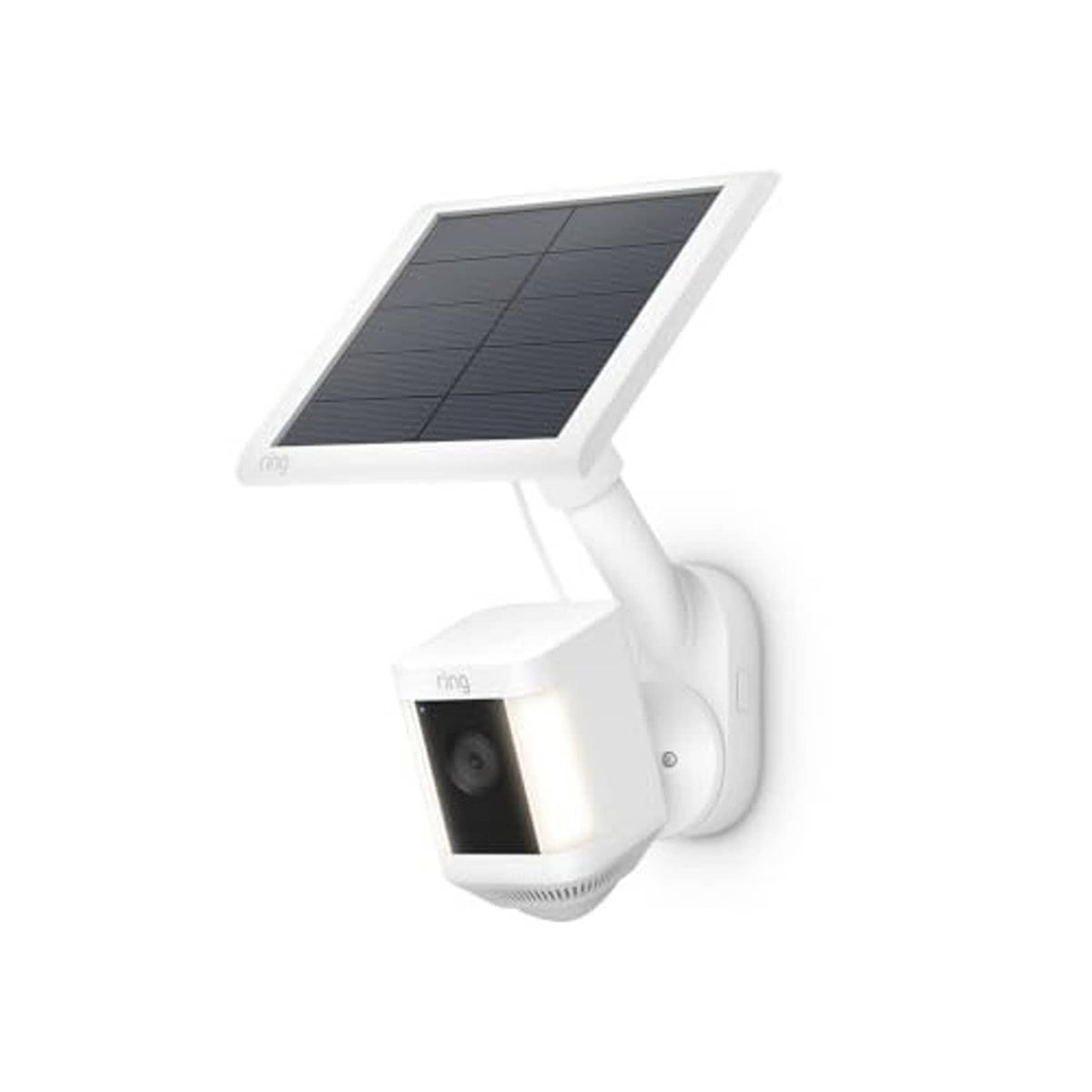 White outdoor camera mount with dark solar panel and black front camera module