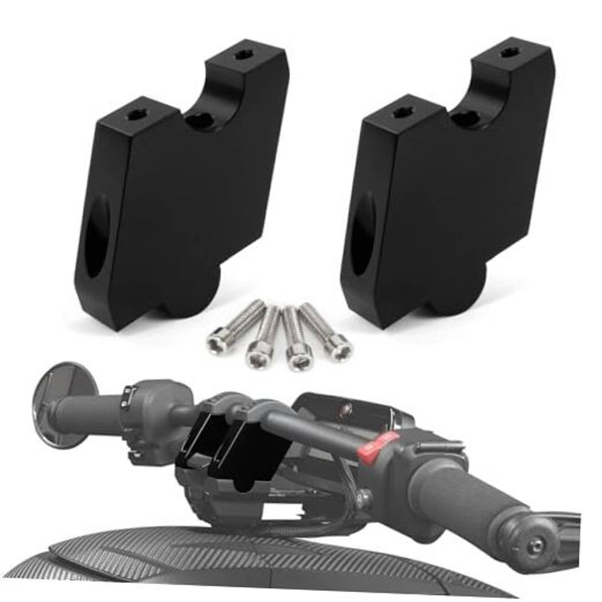 Pair of black handlebar riser brackets with mounting screws and installed on handlebars