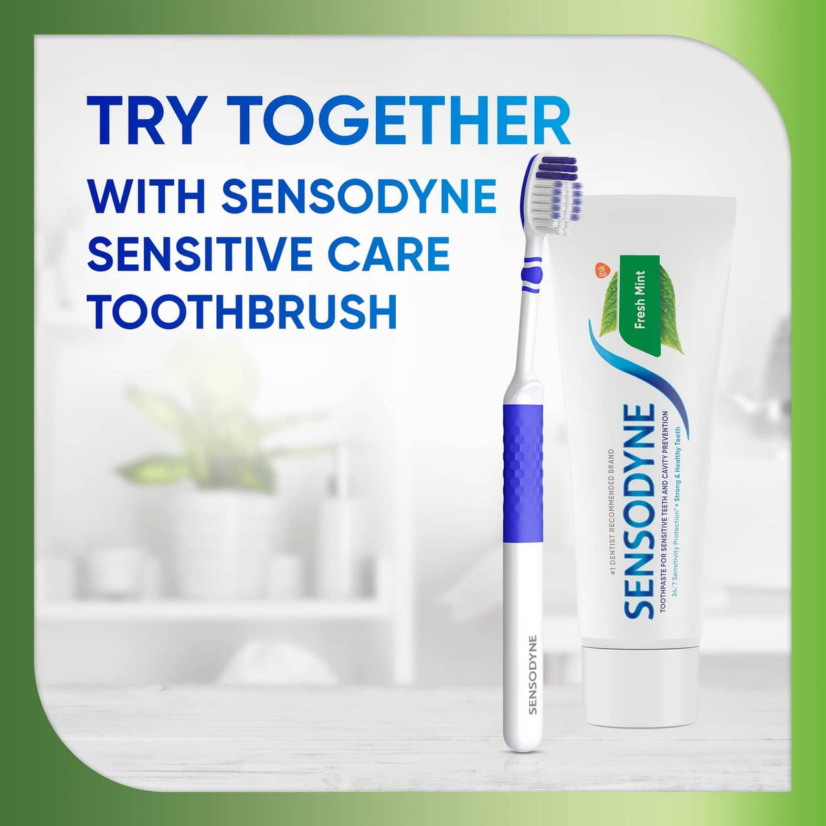 Sensodyne Fresh Mint sensitive toothpaste tube with toothbrush promotional card