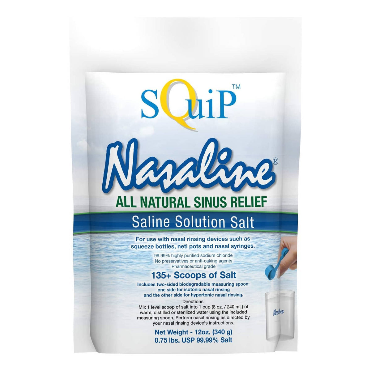 Saline solution salt pouch with Nasaline branding and 12 oz size