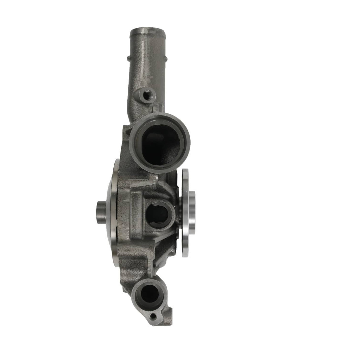 Water pump side view with cylindrical inlet and mounting flange, gray metal housing