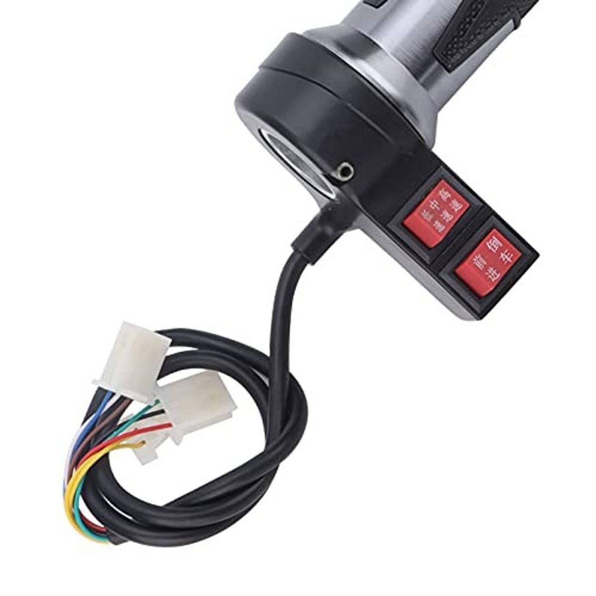 Electric throttle handle with wiring connector and black housing with red switch indicators