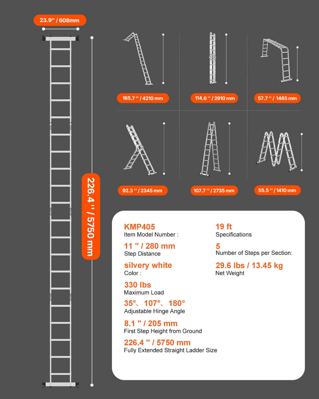 Multi-purpose folding ladder height and mode diagram with multiple step positions.