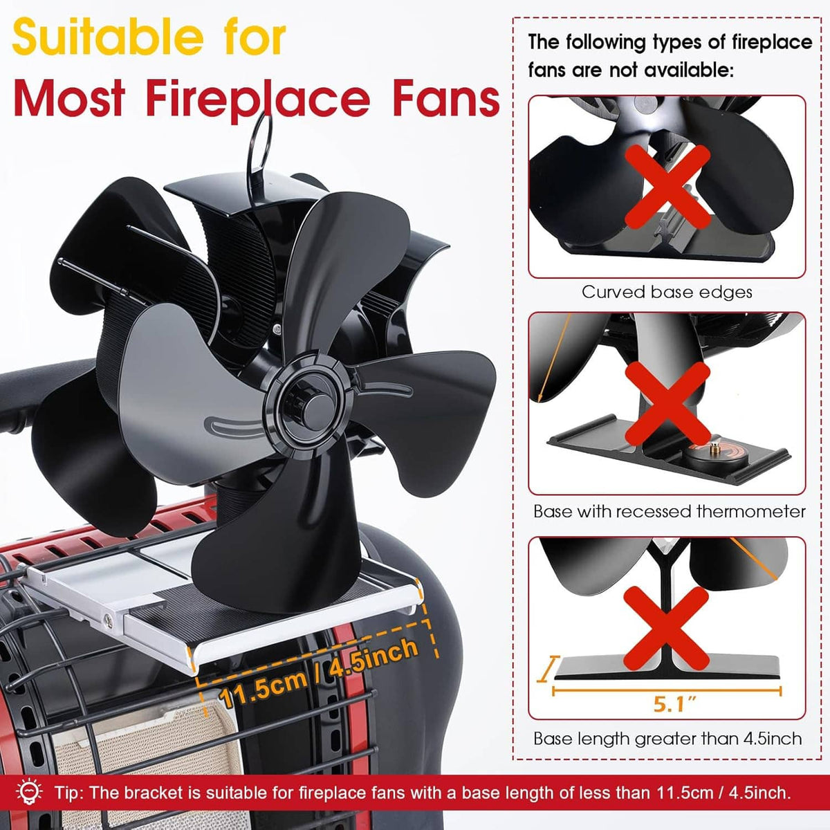 Bracket shelf compatible with fireplace fans; shows base size dimensions