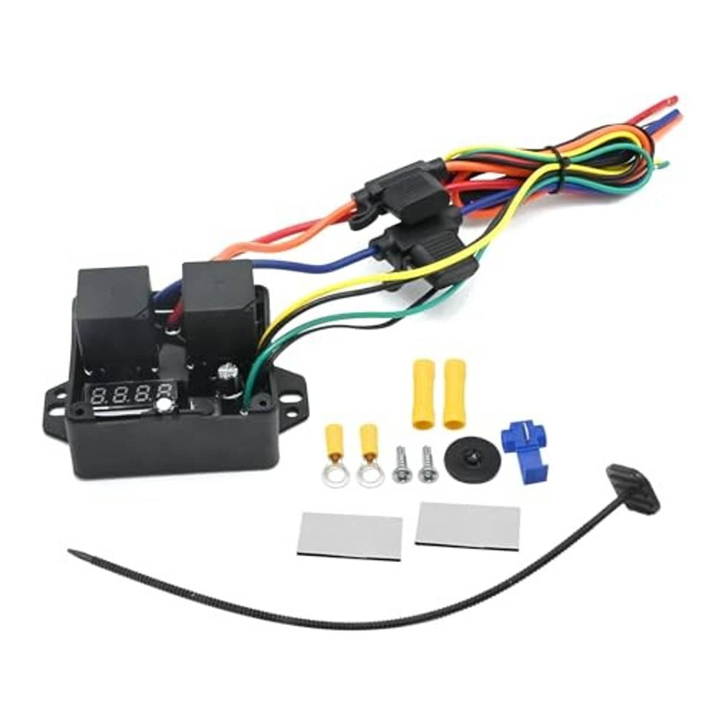 Radiator fan controller module with digital display, wiring leads, and connector accessories