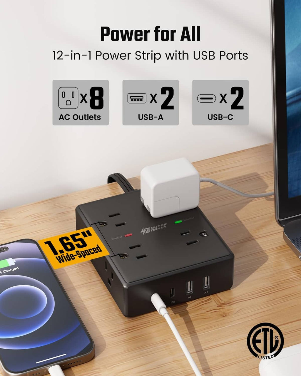 Black power strip with AC outlets and USB-A/USB-C ports on a tabletop