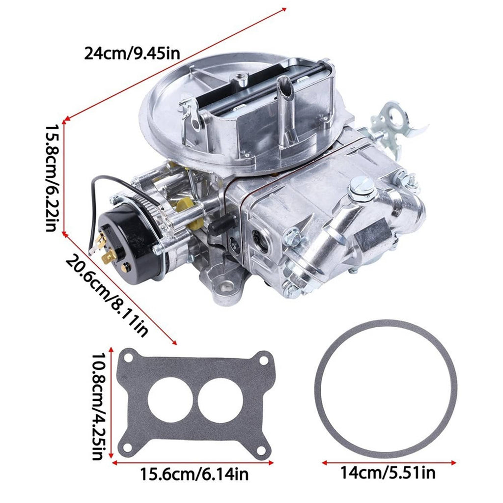 2BBL carburetor with electric choke and gasket, with size guide diagram