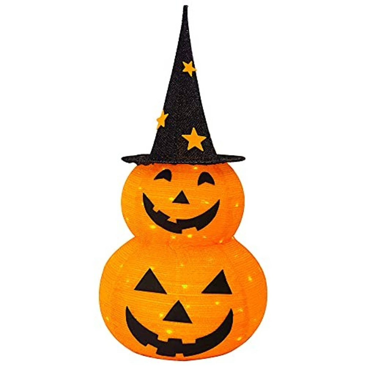 Pre-lit Halloween jack-o’-lantern pumpkin with black starry witch hat