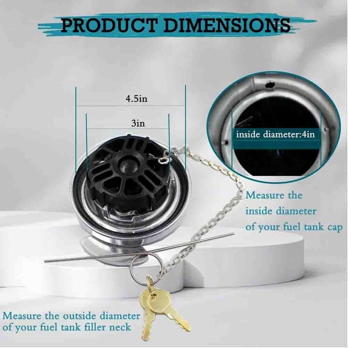 Diesel fuel cap measuring view, chrome aluminum with chain and key