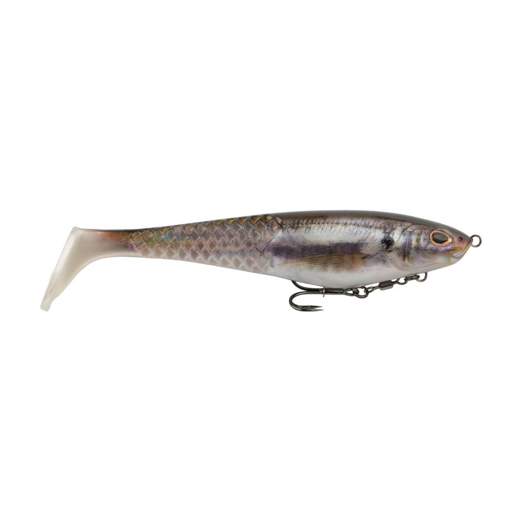 Soft plastic swim bait, gray and brown with silver scales and front treble hook