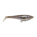 Soft plastic swim bait, gray and brown with silver scales and front treble hook