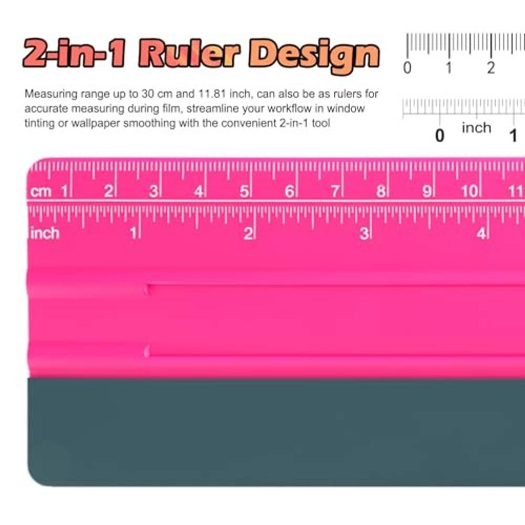 Pink squeegee ruler showing measurement scale up to 30cm, with felt squeegee