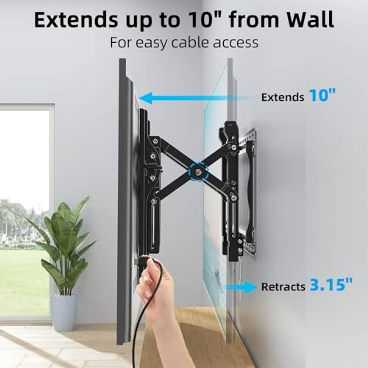 Full motion TV wall mount shown extended up to 10 in from the wall, black steel arms