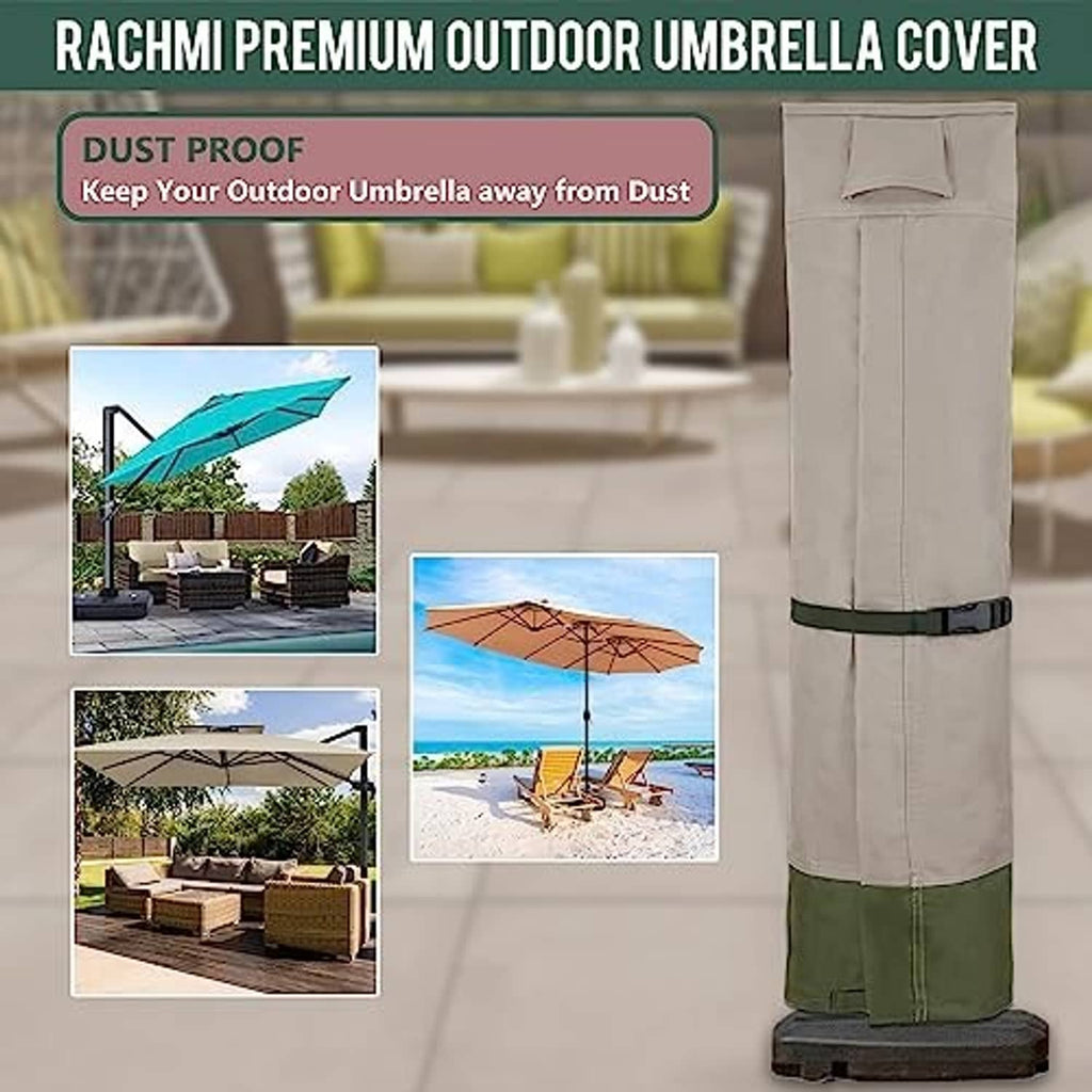 Taupe patio umbrella cover with green base band, shown in tall protective shape