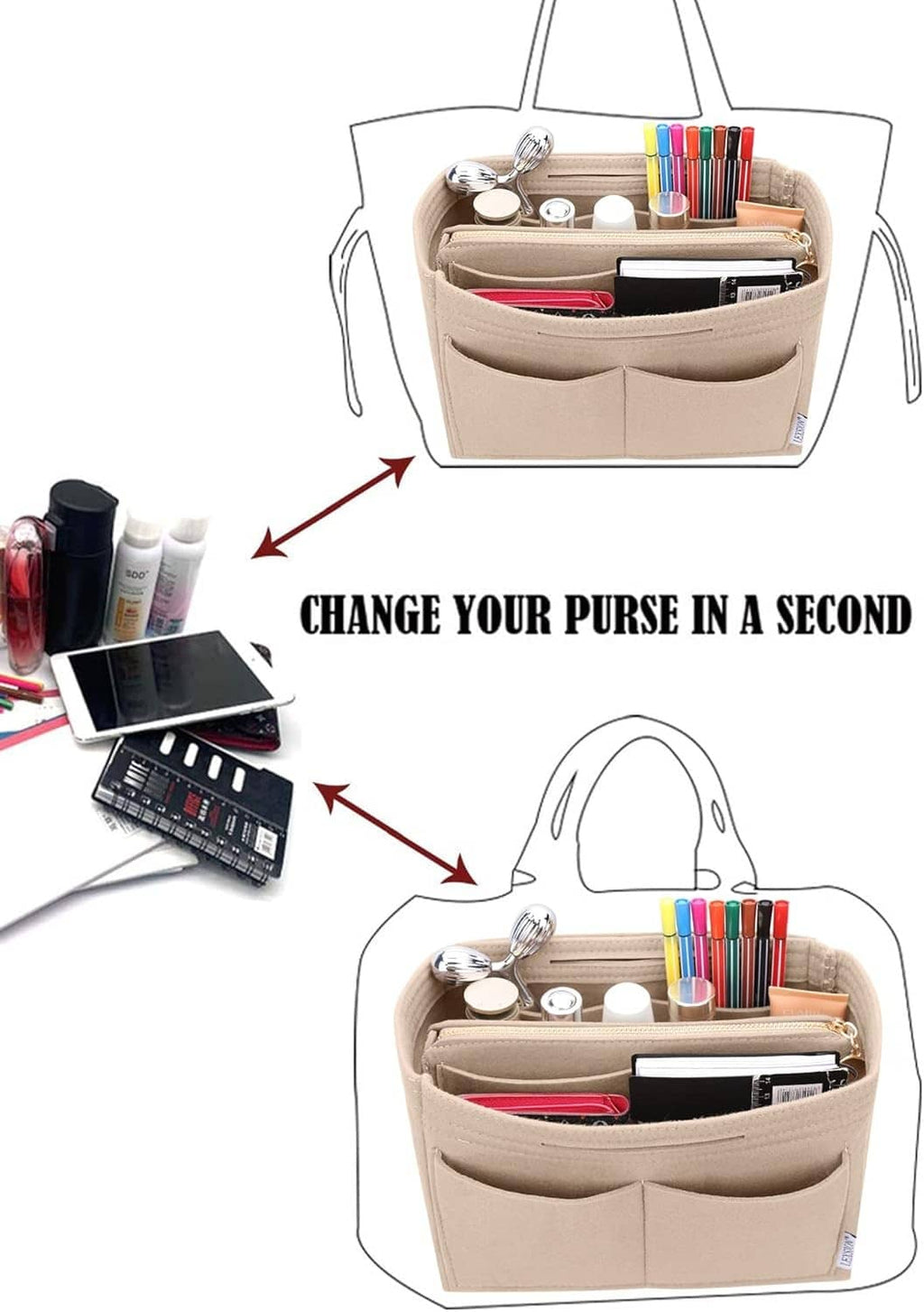 Beige felt purse organizer insert with zipper, inserted into a tote for quick swapping