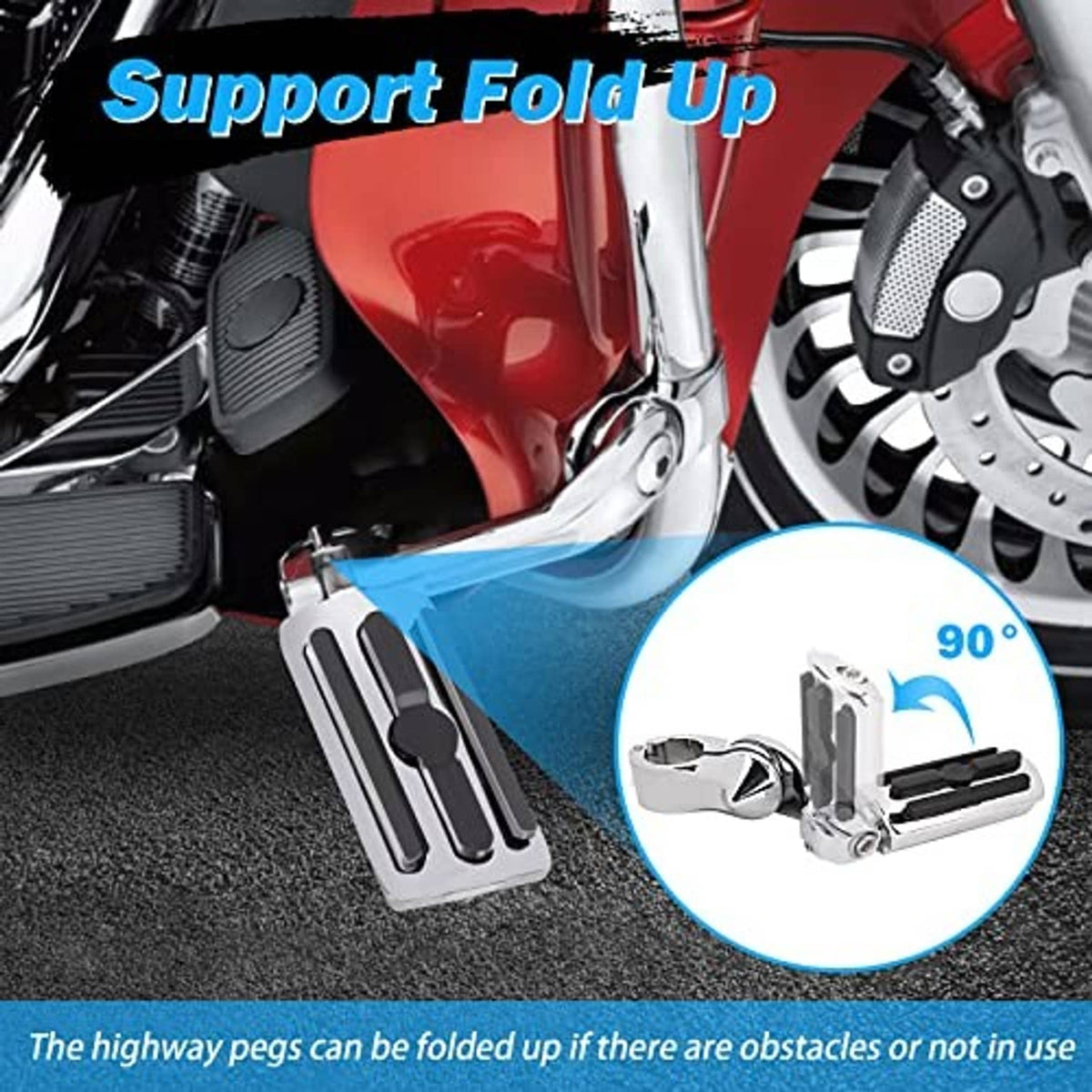 Motorcycle highway pegs with fold-up support and chrome bracket over textured foot pad