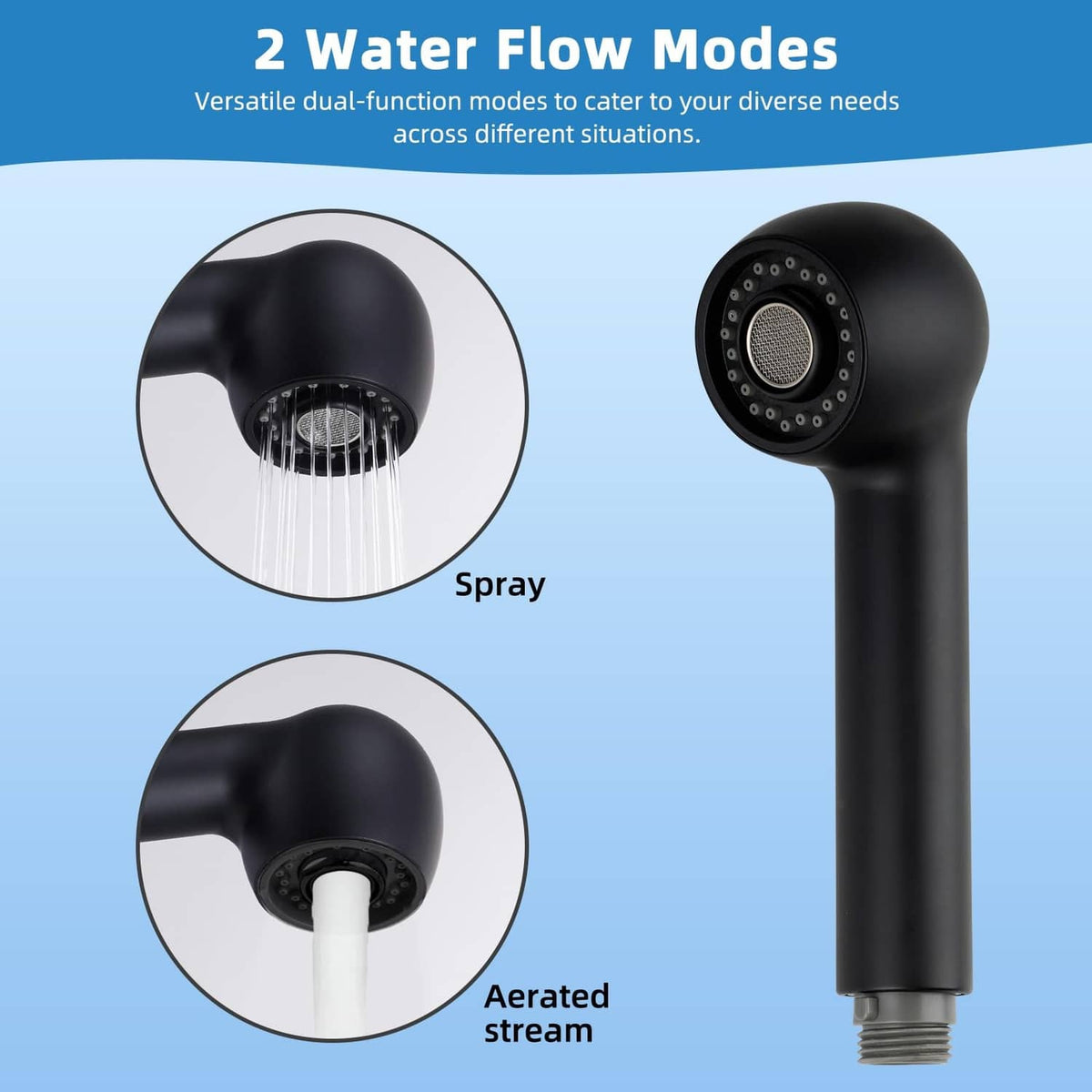 Matte black pull-out sink sprayer head replacement with spray and aerated stream nozzle