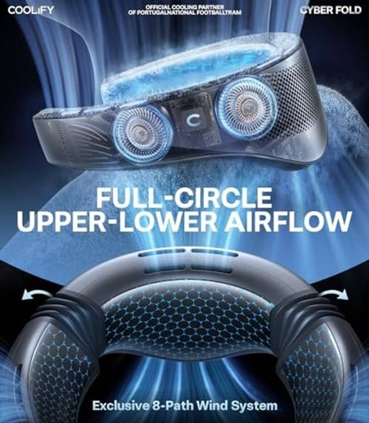 Black neck air conditioner with mesh fan grilles and full-circle airflow design graphic.