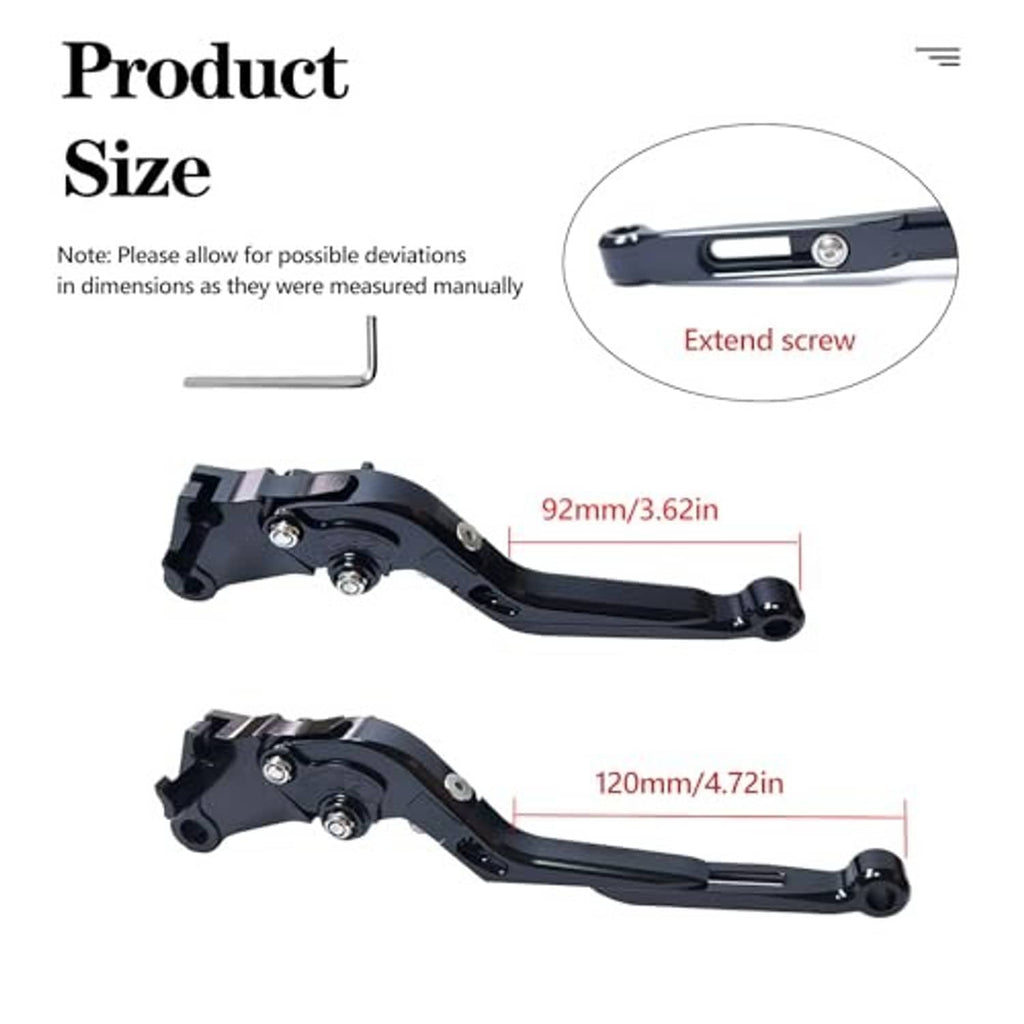 Black adjustable brake and clutch levers showing extended screw length adjustment