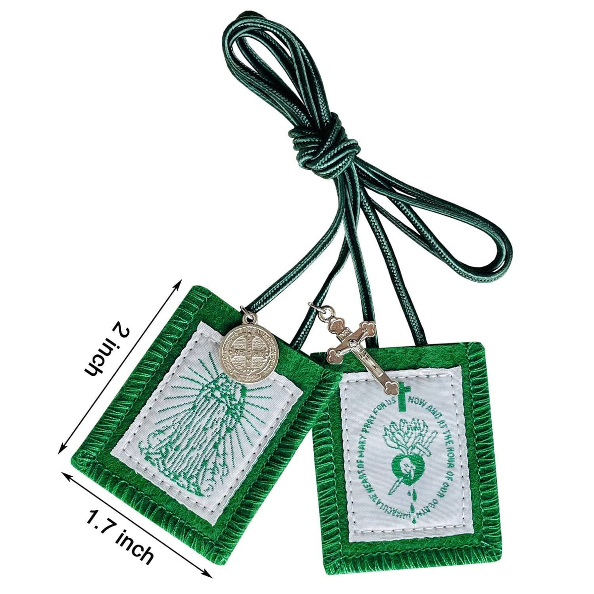 Green scapular cards on knot cord with small metal cross and circular medal charms