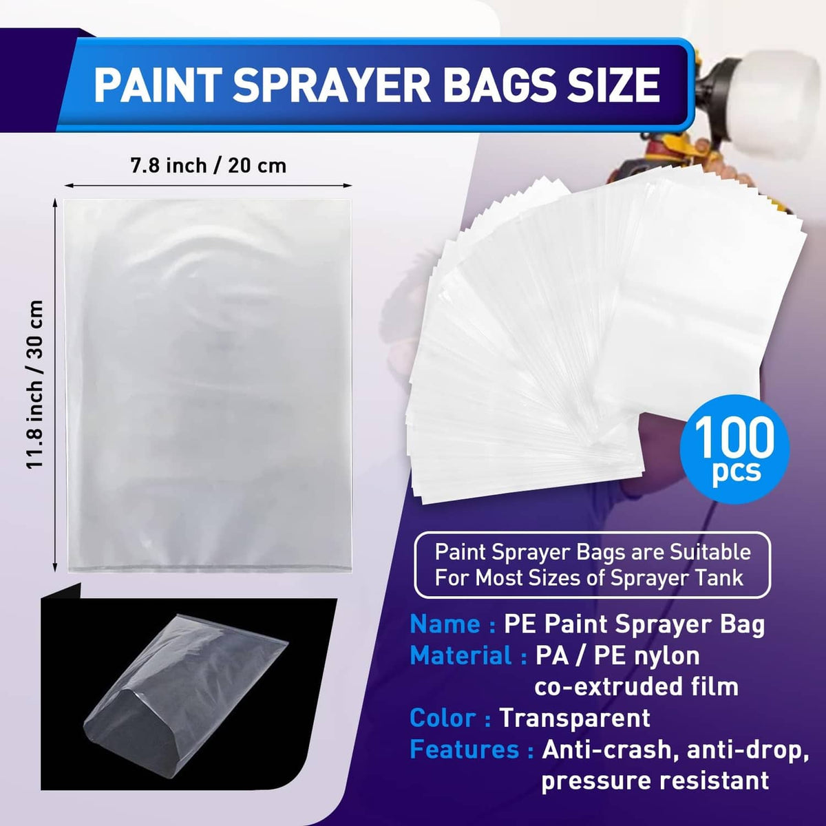 Transparent paint sprayer bags, flat square sheets in a pack, 100 pieces