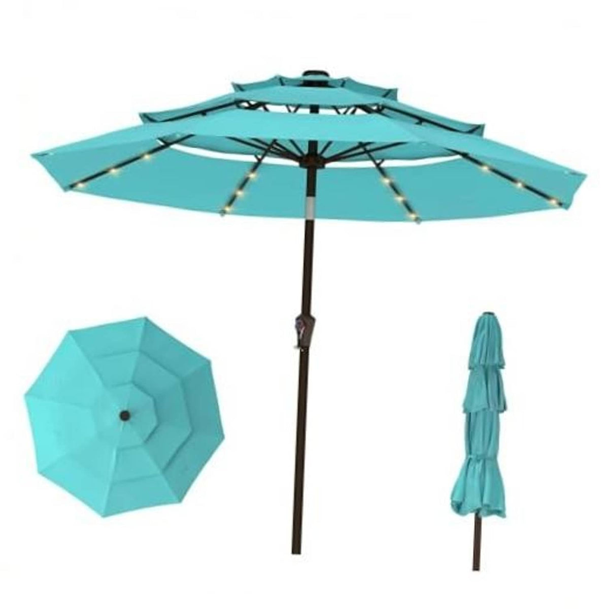 Aqua blue 3-tier patio umbrella with solar LED lights along the ribs and center pole.