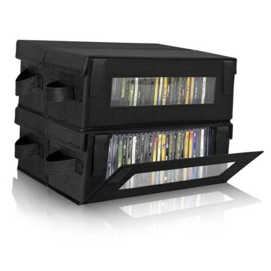 Black CD storage boxes with lids, two units stacked, CDs visible through front windows