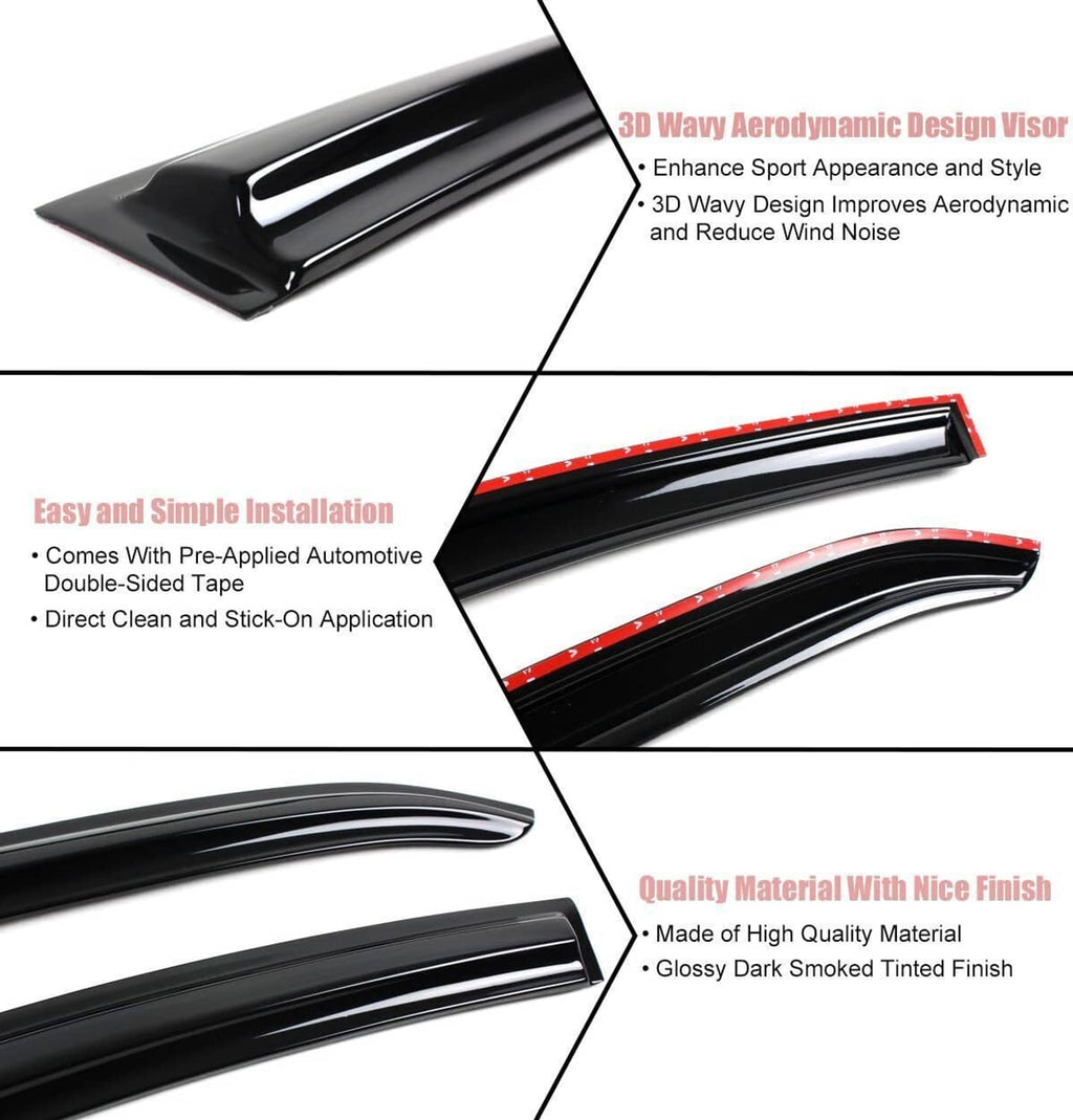 Dark smoked window visor rain guard with 3D aerodynamic styling
