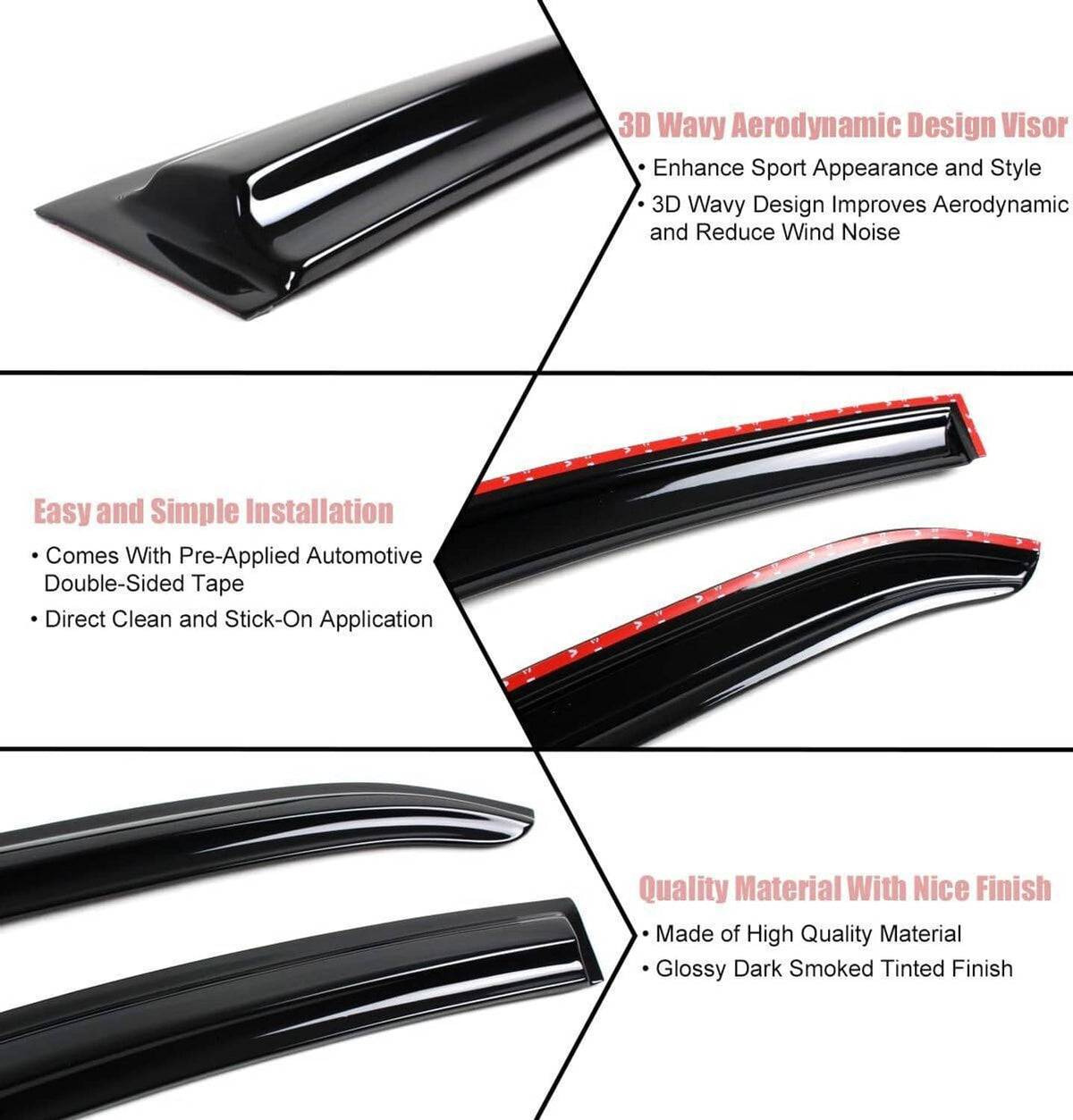 Dark smoked window visor rain guard with 3D aerodynamic styling