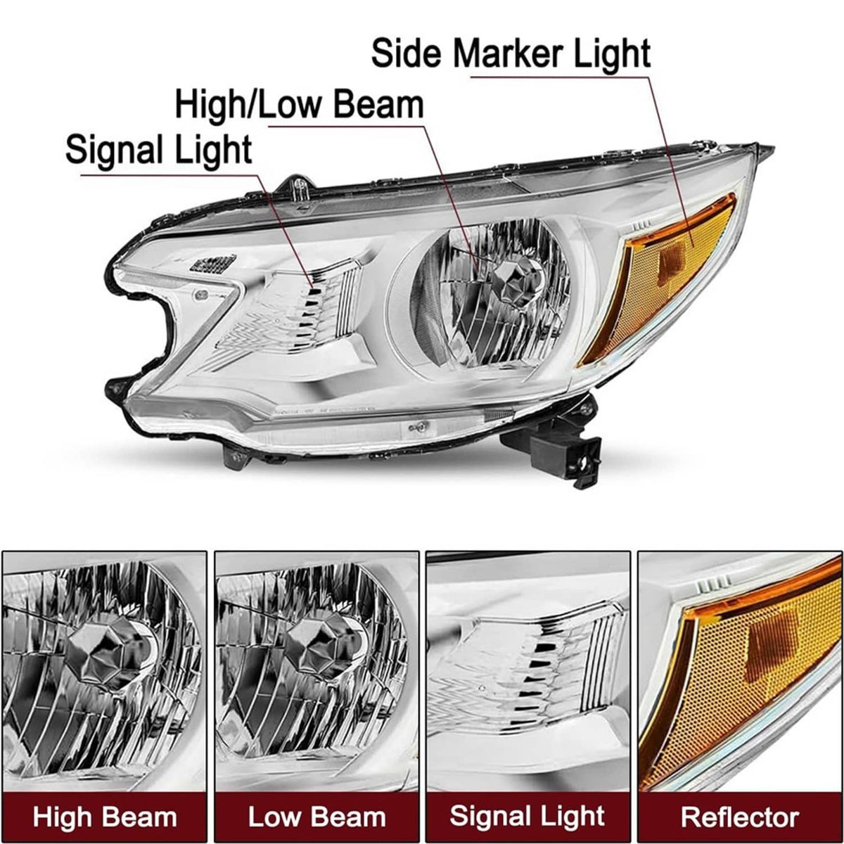 Chrome headlight housing with clear lens reflector, amber signal and side marker details