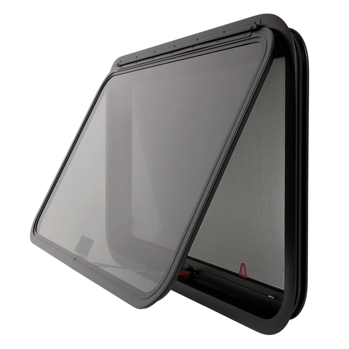 Open RV exit window with dark tinted glass and black outer trim frame