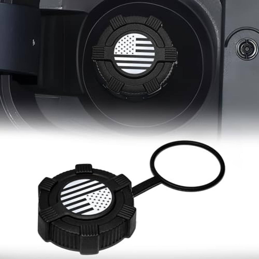 Black capless fuel filler dust cover with US flag emblem and connected tether ring