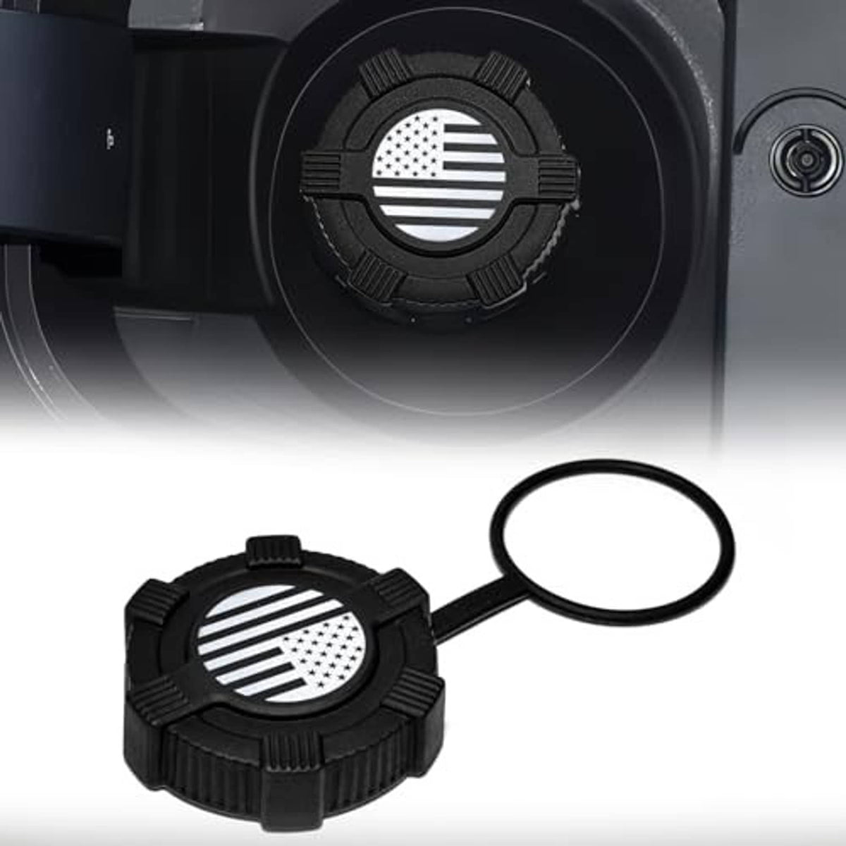 Black capless fuel filler dust cover with US flag emblem and connected tether ring
