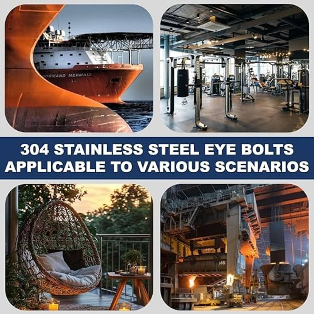 Stainless steel eye bolt product collage with ring, washer, and nut