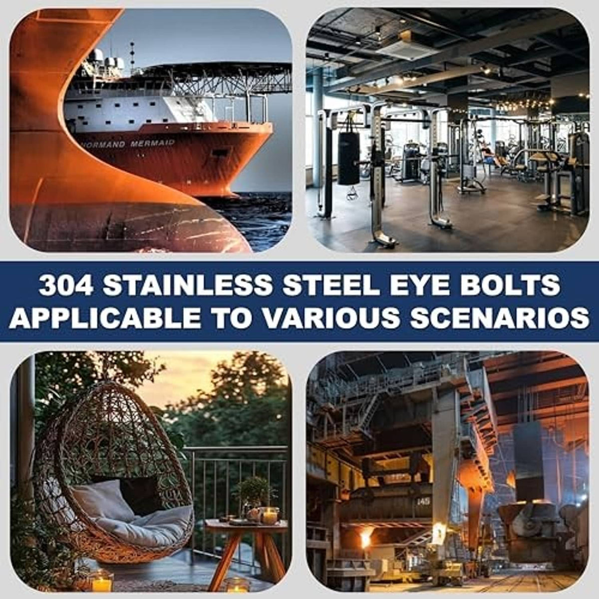 Stainless steel eye bolt product collage with ring, washer, and nut