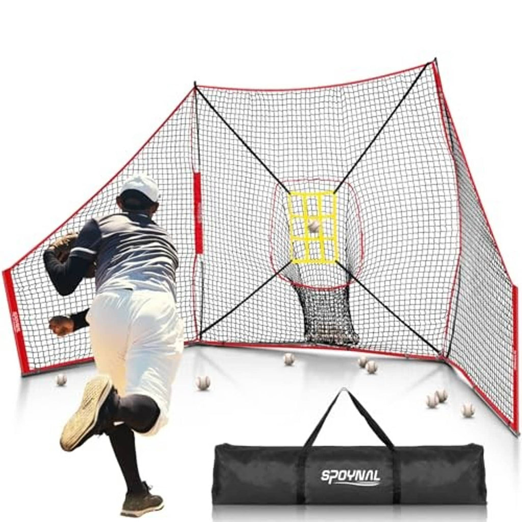 Baseball training net with red frame, yellow target strike zone, and storage bag