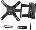 Black full-motion TV wall mount kit with hardware tools and mounting bracket