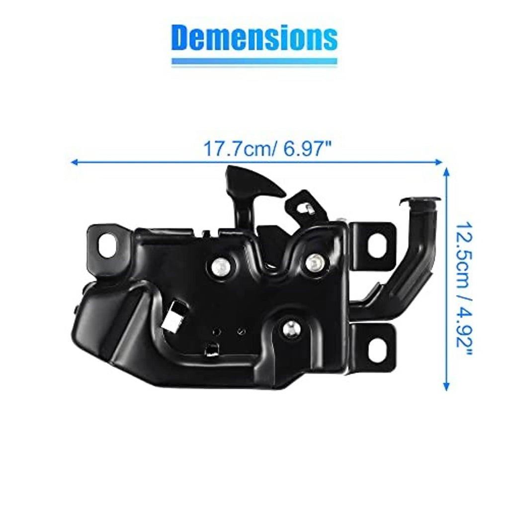 Black hood latch assembly with size dimensions shown (17.7 cm by 12.4 cm)