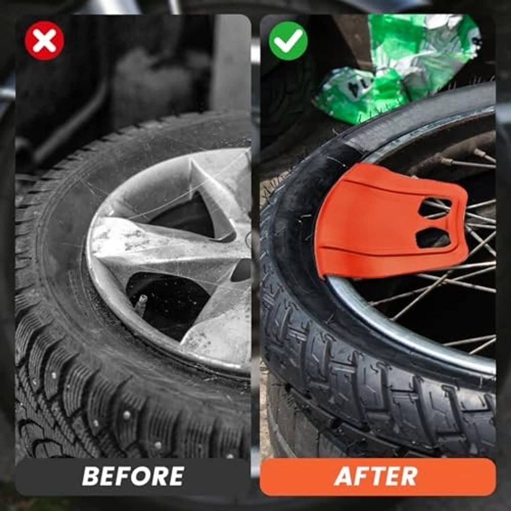 Orange rim protector installed on a wheel rim for edge protection