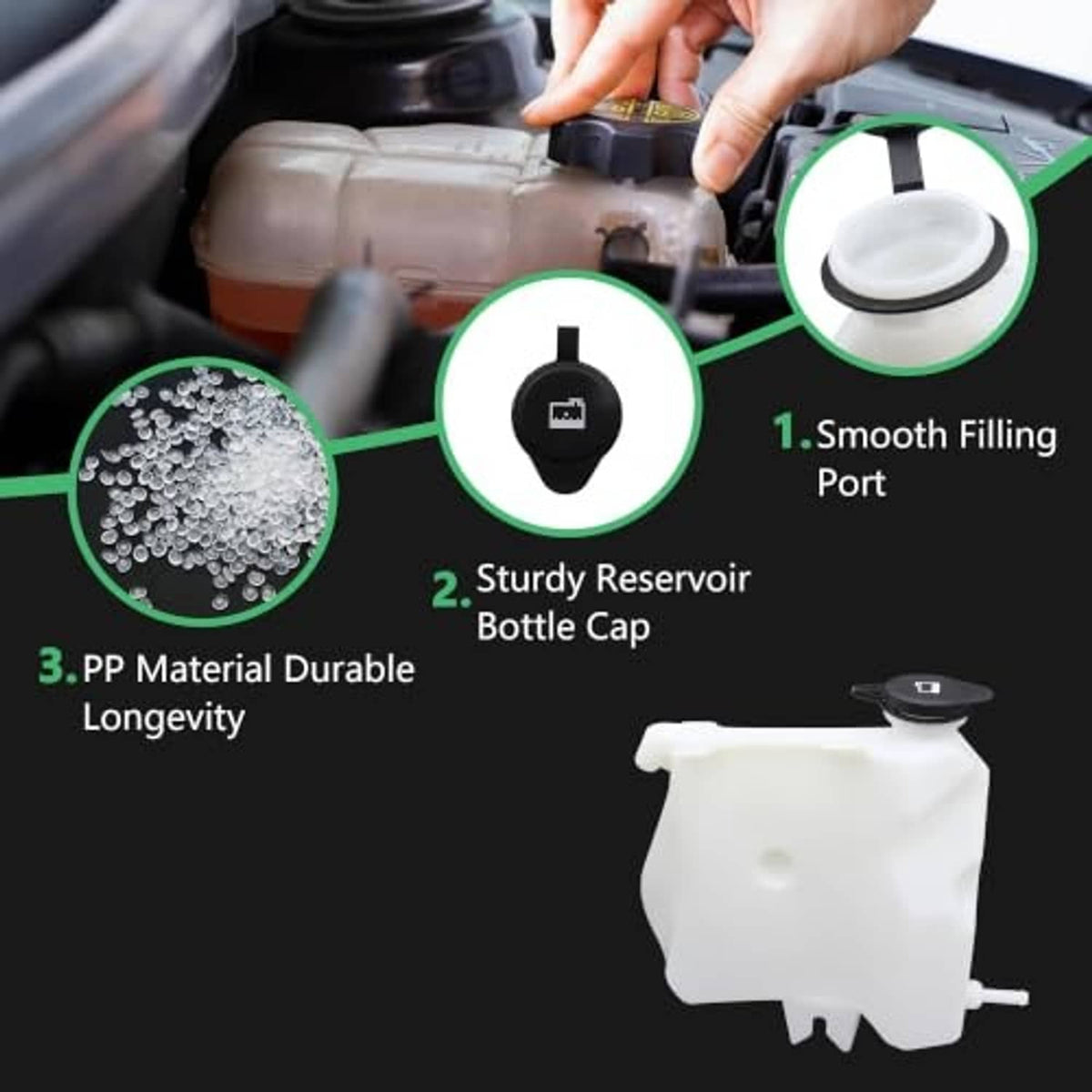 White pressurized coolant reservoir with black cap and top fill port