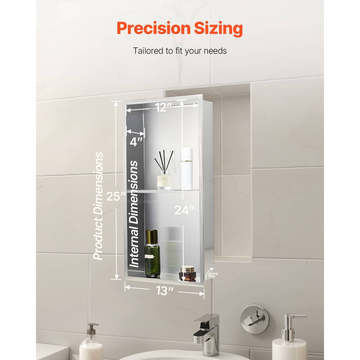 Recessed stainless steel shower niche shelf size diagram with double-layer interior