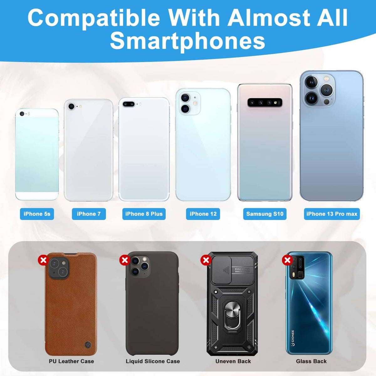 Black stick-on phone card wallet shown on compatible smartphone backs